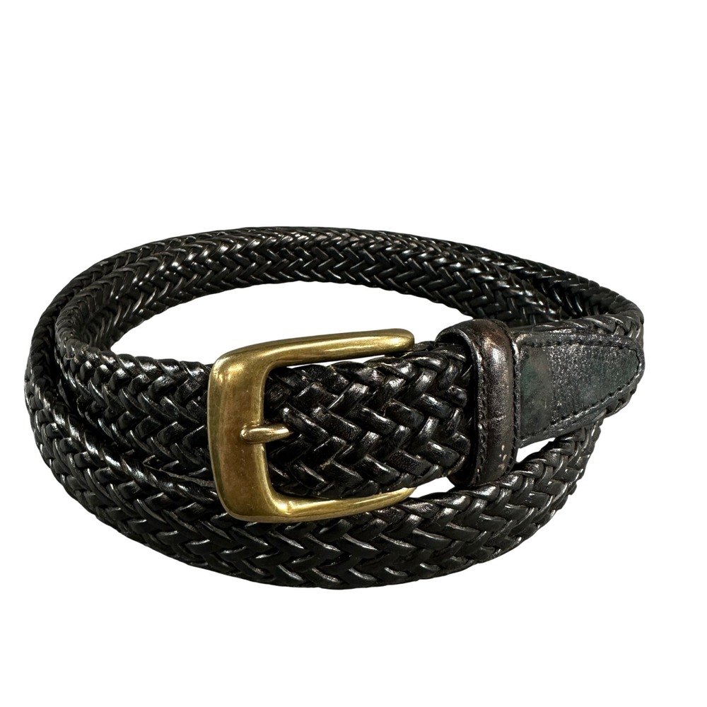 Mens Braided Leather Belt Brown Woven Brass Buckle Size 44 Adjustable 1 Inch